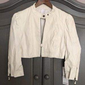 BEBE pintuck cropped white jacket